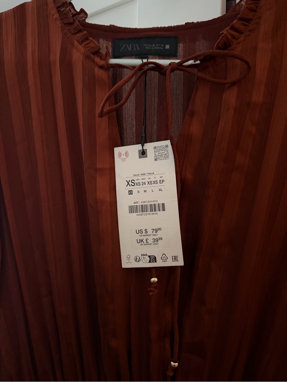 Zara Rust-Brown Striped Maxi Dress with Tie Neck - Picture 6 of 9